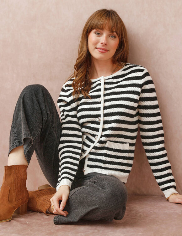 Cardigan rayé maille fantaisie (écru / noir) Cardigan rayé maille fantaisie (écru / noir)